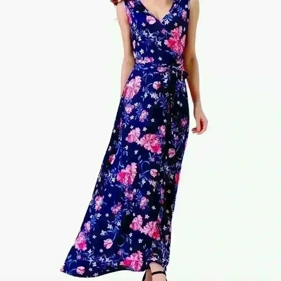 Sleeveless V Neck Vintage Floral Faux Wrap Maxi Dress (M) - Picture 1 of 5